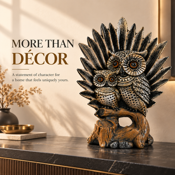 WellHomes™ Owl Family Decorative Statue – Antique Silver Owl Family Figurine with Tree Base for Home Décor