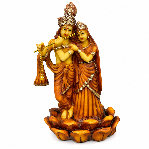 Radha Krishna Statue on Lotus Base, Antique Brown Decorative Idol for Home Décor