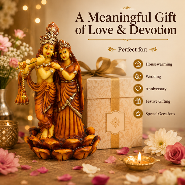 Radha Krishna Statue on Lotus Base, Antique Brown Decorative Idol for Home Décor