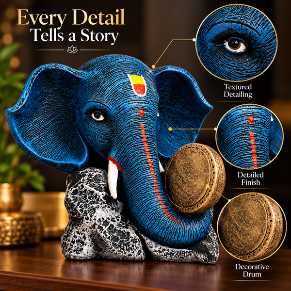 WellHomes Blue Ganesha Elephant Drum Showpiece | Premium Resin Decorative Statue for Home & Office Décor