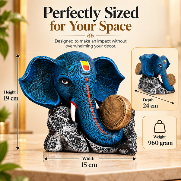 WellHomes Blue Ganesha Elephant Drum Showpiece | Premium Resin Decorative Statue for Home & Office Décor