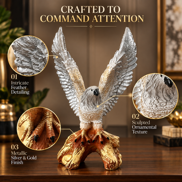 Premium Winged Bird Eagle Statue | Silver & Gold Luxury Home Décor Showpiece