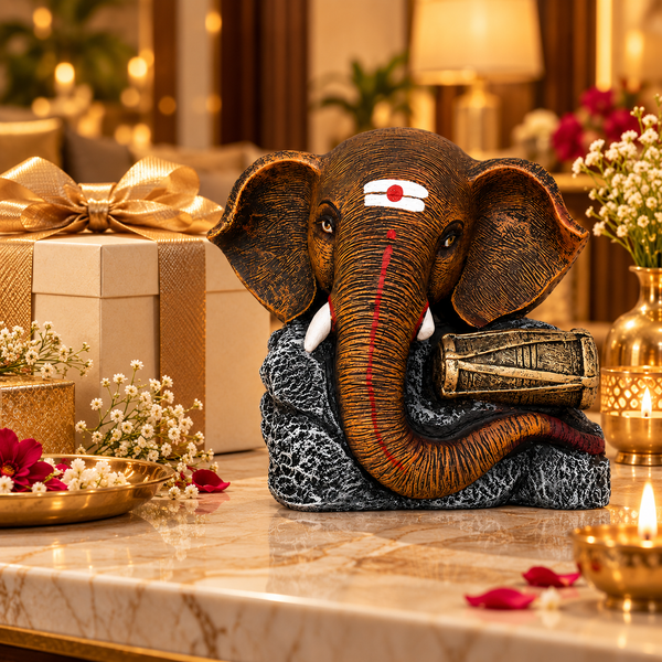 Dholak Antique Brown Ganesha Elephant Sculpture | Premium Luxury Home Décor Statue