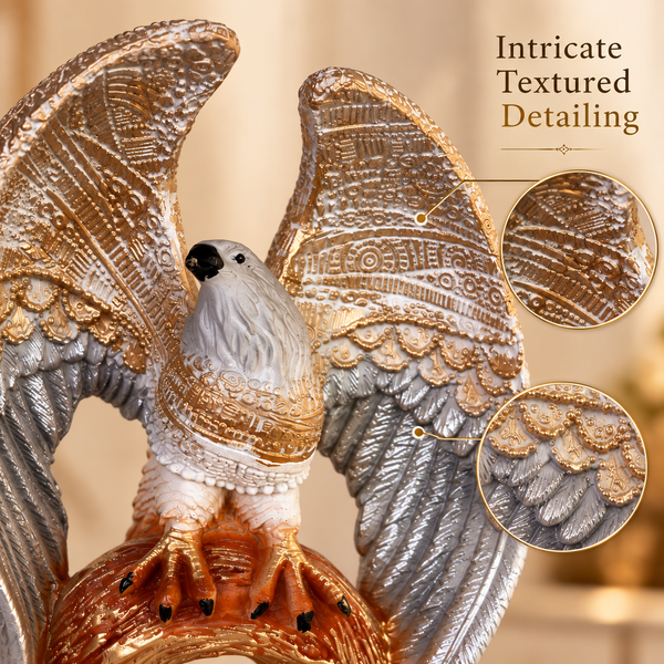 Eagle Statue for Home Décor | Decorative Bird Sculpture with Textured Silver Wings & Antique Gold Tree Branch Base