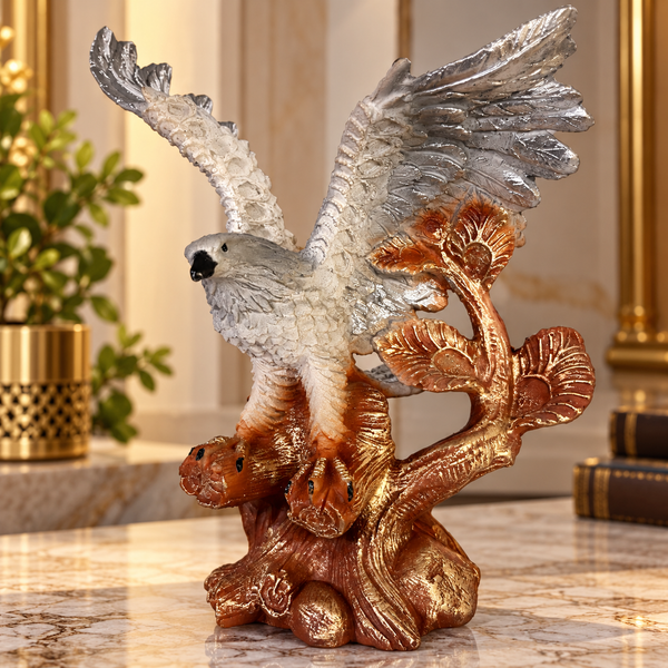 Eagle Statue for Home Décor – Spread Wings Bird Sculpture with Tree Branch, Silver & Bronze Finish Decorative Showpiece