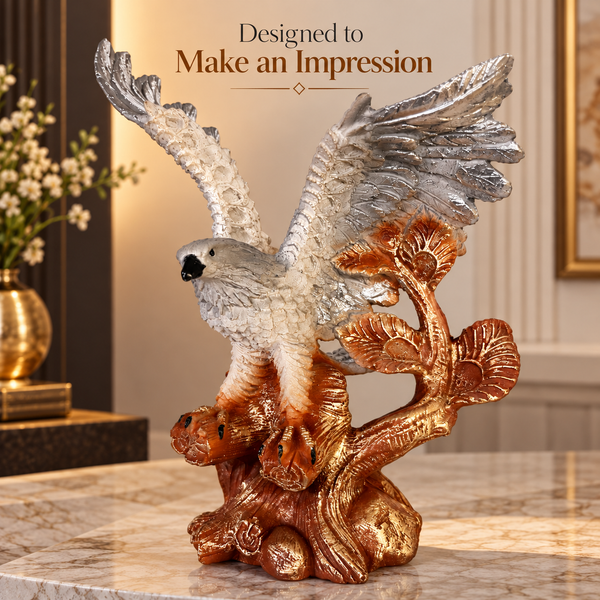 Eagle Statue for Home Décor – Spread Wings Bird Sculpture with Tree Branch, Silver & Bronze Finish Decorative Showpiece