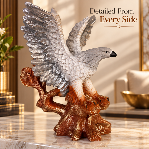Eagle Statue for Home Décor – Spread Wings Bird Sculpture with Tree Branch, Silver & Bronze Finish Decorative Showpiece