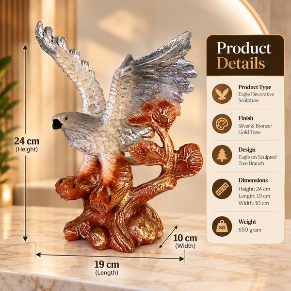Eagle Statue for Home Décor – Spread Wings Bird Sculpture with Tree Branch, Silver & Bronze Finish Decorative Showpiece