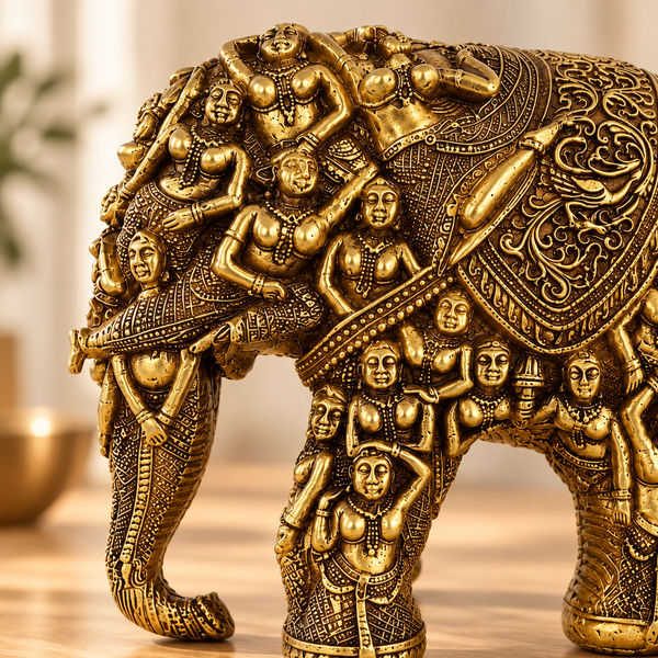WellHomes™ गोल्डन ह्यूमन एलीफेंट स्कल्पचर – घर की सजावट के लिए बारीकी से नक्काशीदार सजावटी शोपीस (कॉपी)