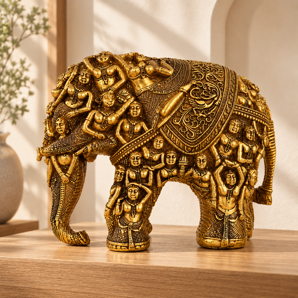 WellHomes™ गोल्डन ह्यूमन एलीफेंट स्कल्पचर – घर की सजावट के लिए बारीकी से नक्काशीदार सजावटी शोपीस (कॉपी)