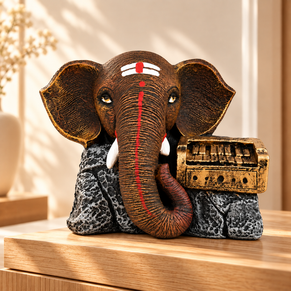 Harmonium Ganesha Musical Sculpture, Antique Brown Decorative Statue for Home Décor
