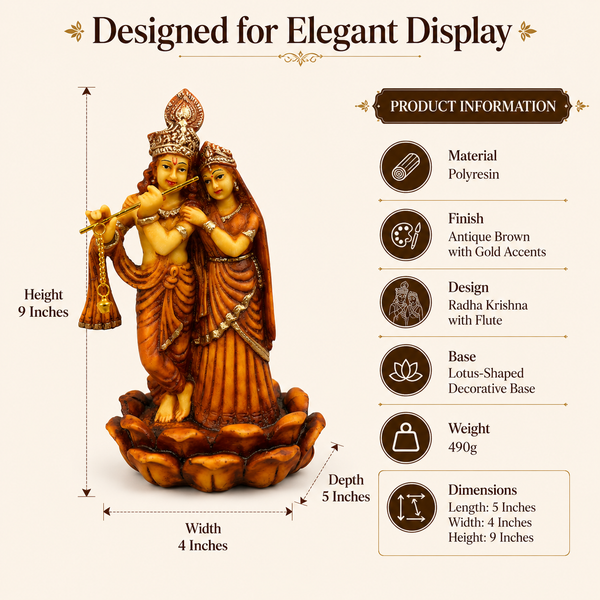 Radha Krishna Statue on Lotus Base, Antique Brown Decorative Idol for Home Décor