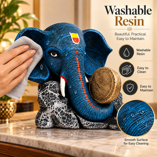 WellHomes Blue Ganesha Elephant Drum Showpiece | Premium Resin Decorative Statue for Home & Office Décor