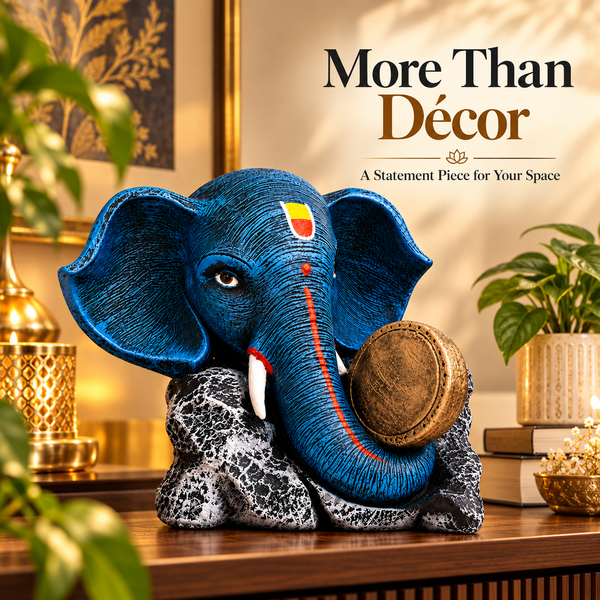 WellHomes Blue Ganesha Elephant Drum Showpiece | Premium Resin Decorative Statue for Home & Office Décor