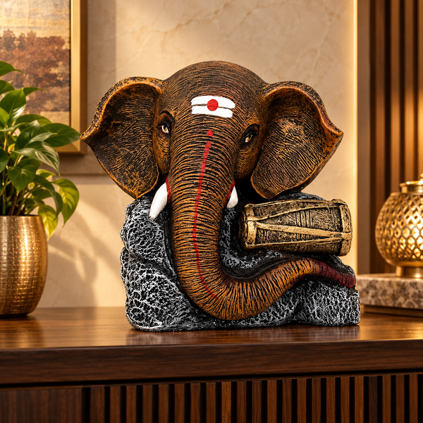 Dholak Antique Brown Ganesha Elephant Sculpture | Premium Luxury Home Décor Statue