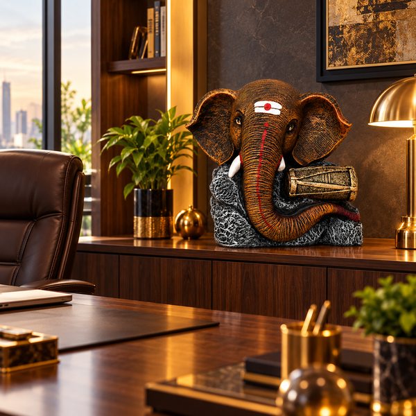 Dholak Antique Brown Ganesha Elephant Sculpture | Premium Luxury Home Décor Statue