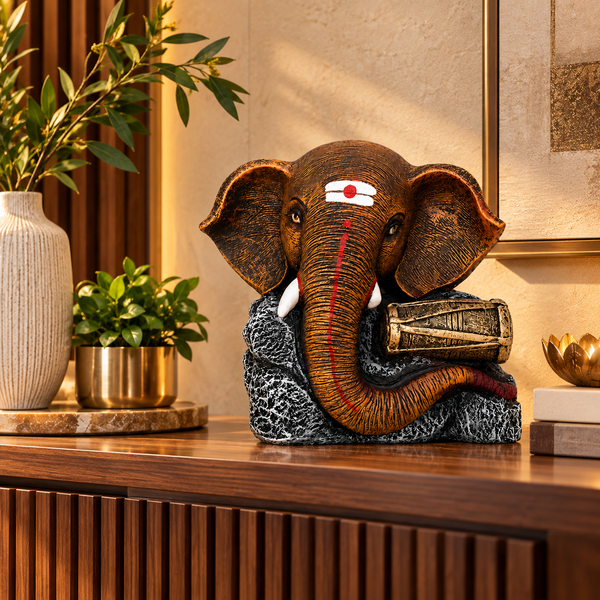 Dholak Antique Brown Ganesha Elephant Sculpture | Premium Luxury Home Décor Statue