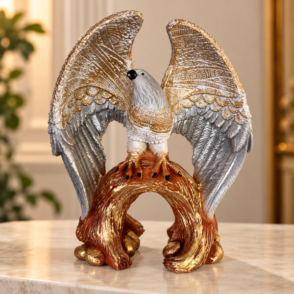 Eagle Statue for Home Décor | Decorative Bird Sculpture with Textured Silver Wings & Antique Gold Tree Branch Base