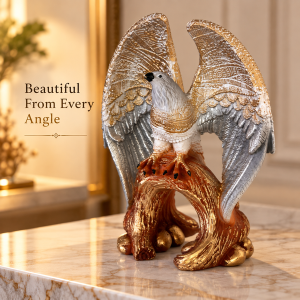 Eagle Statue for Home Décor | Decorative Bird Sculpture with Textured Silver Wings & Antique Gold Tree Branch Base
