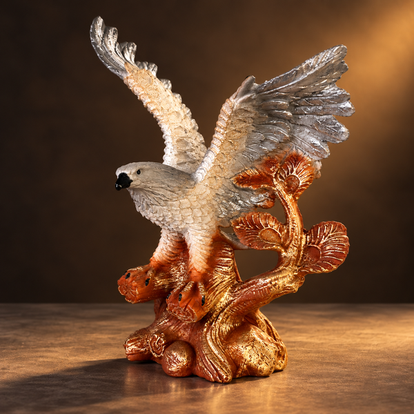 Eagle Statue for Home Décor – Spread Wings Bird Sculpture with Tree Branch, Silver & Bronze Finish Decorative Showpiece