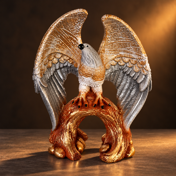 Eagle Statue for Home Décor | Decorative Bird Sculpture with Textured Silver Wings & Antique Gold Tree Branch Base
