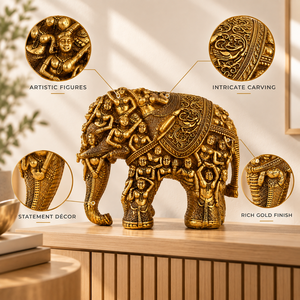 WellHomes™ गोल्डन ह्यूमन एलीफेंट स्कल्पचर – घर की सजावट के लिए बारीकी से नक्काशीदार सजावटी शोपीस (कॉपी)
