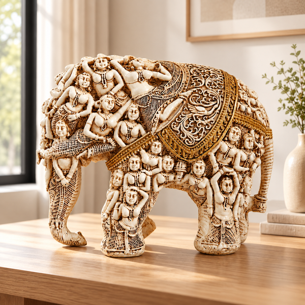 WellHomes™ मानव हाथी मूर्ति – गृह सज्जा के लिए जटिल रूप से नक्काशीदार सजावटी शोपीस