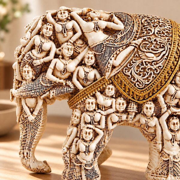 WellHomes™ मानव हाथी मूर्ति – गृह सज्जा के लिए जटिल रूप से नक्काशीदार सजावटी शोपीस