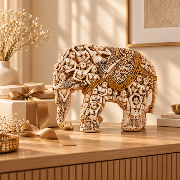 WellHomes™ मानव हाथी मूर्ति – गृह सज्जा के लिए जटिल रूप से नक्काशीदार सजावटी शोपीस