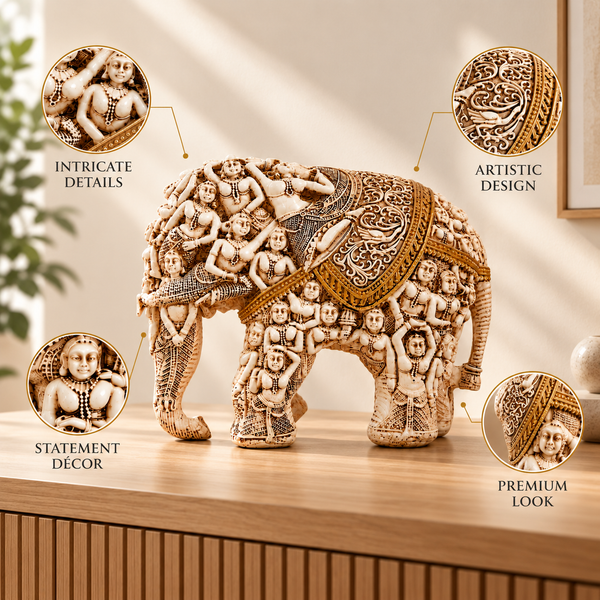 WellHomes™ मानव हाथी मूर्ति – गृह सज्जा के लिए जटिल रूप से नक्काशीदार सजावटी शोपीस